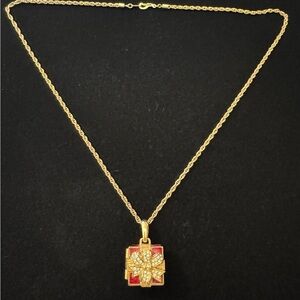 Swarovski Gold Tone Necklace with Red Enamel & Crystal Gift Box Pendant